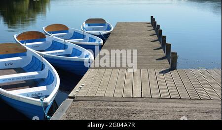 LLANGORSE, VEREINIGTES KÖNIGREICH - 18. Sep 2019: Vier Ruderboote mit individuellen Namen, die an einen Anlegesteg am Llangorse Lake in Südwales gebunden sind. Stockfoto