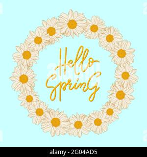 Schriftzug - Hello Spring - mit dekorativem floralem Rahmen, Vektorgrafik. Grußkarte mit einem Kreis von Gänseblümchen auf einem mintfarbenen Hintergrund. Konzept für Frühlings- und Saisonferien. Stock Vektor