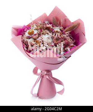 Hochzeitsstrauß auf Weiß isoliert. Frischer, üppiger Blumenstrauß Stockfoto