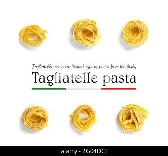 Italienische Pasta Tagliatelle. Rohe Pasta fettuccine Pop Art Hintergrund, flach legen. Italienische rohe Nistpasta isoliert auf Weiß Stockfoto