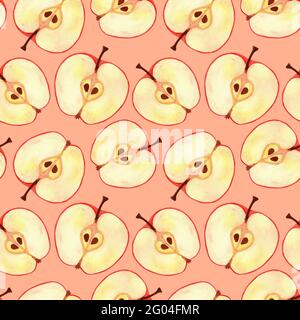 Saftig geschnittener roter Apfel Aquarell nahtloses Muster. Abbildung der frischen Ernte Stockfoto