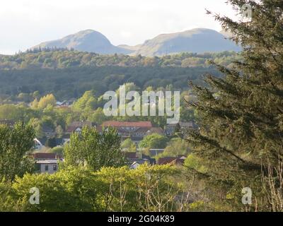 Blick nach Norden über Milngavie in Richtung Campsie Fells und die markante Gebirgsform von Dumgoyne am Ende der Campsies. Stockfoto