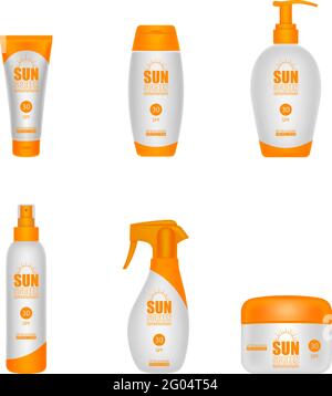 Set aus verschiedenen Arten von Sonnenschutzflaschen Stock Vektor