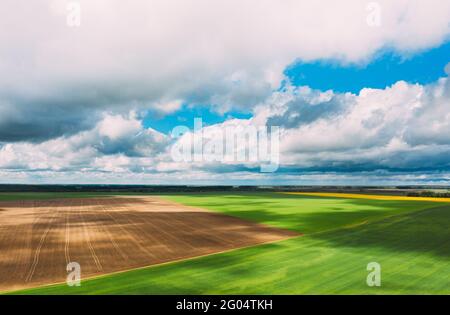 Ländliche Grüne Landschaft Landschaft Mit Jungem Weizenfeld Und Leerem Boden Im Frühling. Agrarbereich. Luftaufnahme Stockfoto