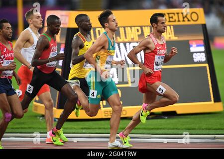 Sadik Mikhou (BRN), Luke Mathews (AUS), Elijah Manangoi (KEN). 1500 Meter Männer, Halbfinale. IAAF World Championships London 2017 Stockfoto