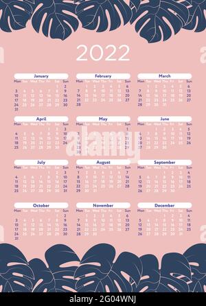 Monatsplaner mit lila Monstera-Blättern auf rosa Hintergrund Stock Vektor