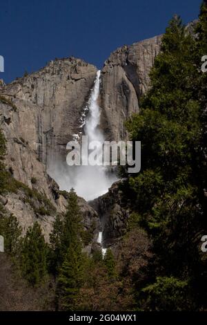 Die Schneeschmelze im Spätwinter wird über die berühmten und beliebten Upper und Lower Yosemite Falls im Yosemite National Park in Mariposa County, CA, ausgefahren. Stockfoto