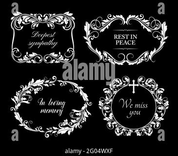 Bestattungskarten-Rahmen mit floralen Ornamenten, traurigen Beileidsbekundungen und Kreuz. Gedenkpest, Grabplatz und runde Rahmen mit Bordüren verziert l Stock Vektor