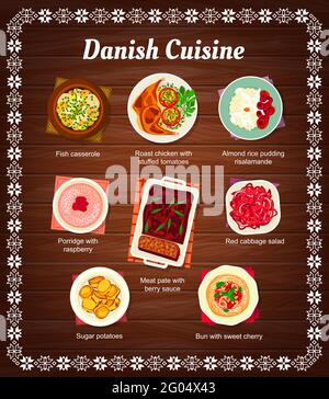 Dänische Küche Speisekarte, Gerichte und Mahlzeiten des traditionellen dänischen Restaurants, Vektor. Nationale dänische Küche, Mittag- und Abendessen, skandinavisches Fleisch Stock Vektor