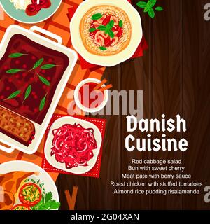 Die Speisekarte umfasst dänische Gerichte, Gerichte und Mahlzeiten im Restaurant sowie traditionelle dänische Küche. Dänische Küche Essen von Fisch, Fleisch und Huhn, Salate und des Stock Vektor