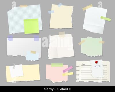 Leere Papiernotizen, Sticker-Notizblöcke und Memo-Nachrichten, Vektornotizen. Notizen von zerrissenen Blättern aus dem Notizbuch, Lesezeichen und Erinnerungen m Stock Vektor