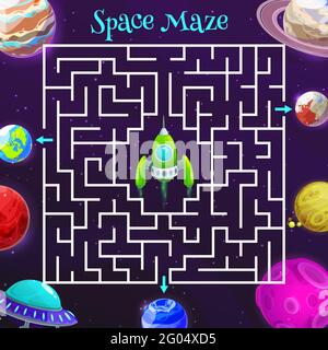 Cartoon Raum Labyrinth Labyrinth Spiel Vektor Kinder Bildung Design. Puzzle-Spiel, Rätsel, Quiz oder Test mit quadratischen Labyrinth, Hilfe Raumschiff oder Shuttle zu Fi Stock Vektor