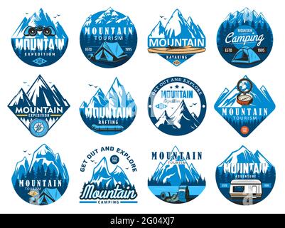 Bergsteigen, Rafting-Expedition und Camping-Vektor-Symbole. Tourist Zelt, Kajak oder Kanu, Rafting Schlauchboot und Kompass, Berg sn Stock Vektor