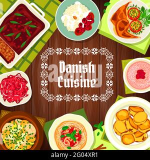 Dänische Küche Essen, Restaurant Menü Abdeckung, Dänemark Gerichte und Mahlzeiten, Vektor. Traditionelle dänische und skandinavische Gerichte, Fleisch, Fisch und Huhn, Stock Vektor