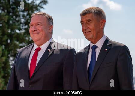 Außenministerin Mike Pompeo nimmt am 12. August 2020 an einem Arbeitsessen mit dem tschechischen Ministerpräsidenten Andrej Babis in Prag, Tschechische Republik, Teil Stockfoto