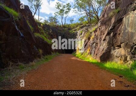 Der Swan View Tunnel im John Forrest National Park wurde 1896 als Teil der Ausrichtung der Ostbahn für den Eisenbahnverkehr geöffnet und 1966 geschlossen. Stockfoto