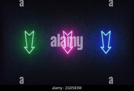 Set mit Neonpfeilen. Leuchtende bunte Schilder Pfeile Symbole Stock Vektor