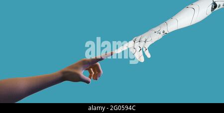 Weißer Cyborg Finger kurz vor dem menschlichen Finger auf blauem Hintergrund berühren, 3D Render Roboter Hand für künstliche Intelligenz futuristisches Design-Konzept, futur Stockfoto