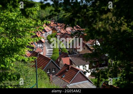 Stolberg, Deutschland. Mai 2021. Vom Schlossberg öffnet sich der Blick auf die Fachwerkhäuser von Stolberg. Die Burg selbst steht über der Altstadt. Mit seinen Schlossgärten ist es Teil des Netzwerks 'Gartenträume - Historische Parks in Sachsen-Anhalt'. Das Schloss war bis 1945 Sitz der Adelsfamilie der von Stolbergs. Quelle: Stephan Schulz/dpa-Zentralbild/ZB/dpa/Alamy Live News Stockfoto