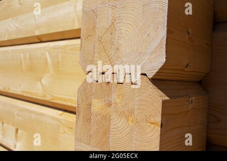 Fragment einer Konstruktion aus verleimten Kiefer Holzbalken gebaut Stockfoto