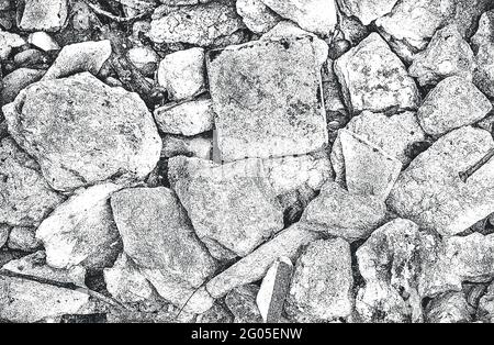 Verzweifelte Overlay-Textur von Steinen, Felsen, Kieselsteinen, Makadam. Grunge Hintergrund. Abstrakte Halbton-Vektor-Illustration Stock Vektor