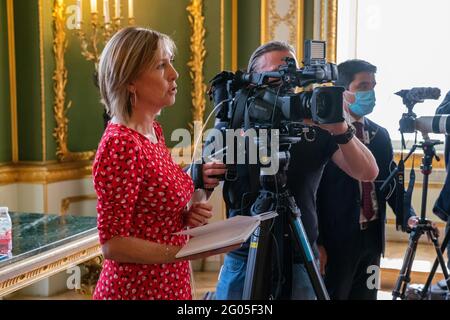 Außenminister Michael R. Pompeo hält am 21. Juli 2020 eine gemeinsame Presseverfügung mit dem britischen Außenminister Dominic Raab in London, Großbritannien, ab Stockfoto