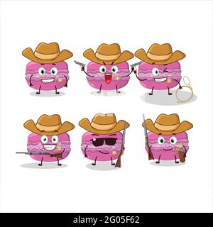 Coole Cowboy Erdbeer Macaron Zeichentrickfigur mit einem niedlichen Hut. Vektorgrafik Stock Vektor