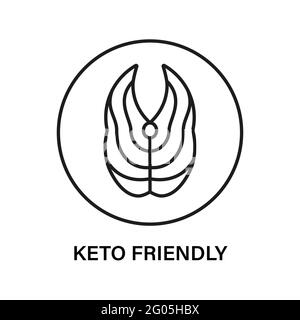 Keto freundlicher Stempel. Symbole für gesunde Ernährung, ketogene, paläogene und kohlenhydratarme Ernährung mit hohem Fettgehalt. Thunfisch- oder Lachssteak. Isolierte Vektorgrafik auf Weiß Stock Vektor