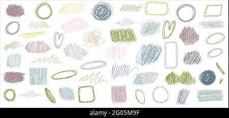 Bleistiftzeichnung. Eine Reihe von Elementen für das Design: Konturen, Rahmen, Punkte, Streifen, Linien, Scribbles. Pastellfarben. Leerer Raum für Text. Vektor Stock Vektor