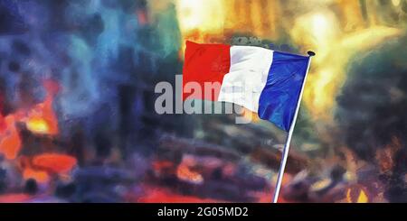 Flagge Frankreichs auf dem Hintergrund der apokalyptischen Stadt. Künstlerische Arbeit Stockfoto