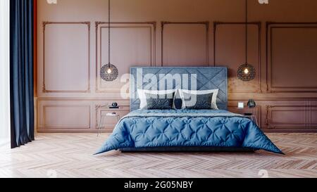 3d-Rendering von schönen Schlafzimmer mit 2 Lapts auf der Seite Stockfoto