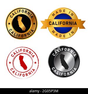 California Abzeichen Gold Stempel Gummiband Kreis mit Kartenform Der Länderstaaten Amerika Stock Vektor