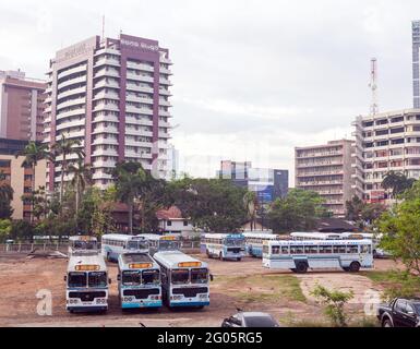 Hof voll von ashok leyland geparkten Single-Decker Sri lanka Busse, Colombo, Sri lanka Stockfoto