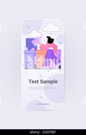 woman putting garbage bags in different types of recycling bins segregate waste sorting management cleaning service Stock Vektor