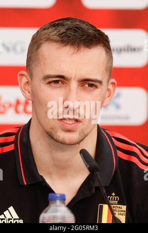 Der belgische Fußballnationalspieler Timothy Castagne, abgebildet während einer Pressekonferenz der belgischen Fußballnationalmannschaft Red Devils, in Tubize, Dienstag, 01. Juni 2021. Der Tee Stockfoto