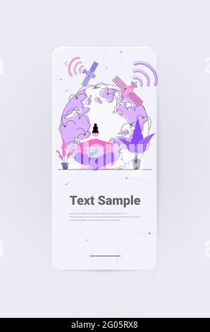 Frau mit digitalen Gadgets 5g-Netzwerktechnologie drahtlose mobile Telekommunikation Servicekonzept Stock Vektor