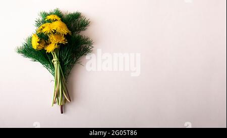 Wildblumen auf weißem Holzgrund, Lupinenlöckchen Thymianmint-Blütenblätter, Raps. Stockfoto