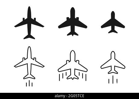 Flugzeug-Symbol eingestellt. Verschiedene Flugzeugsammlung. Lineare und Glyphen-Symbole. Großes und kleines Passagier- und Kampfflugzeug. Flug-, Reise-Konzept. Vektor Stock Vektor