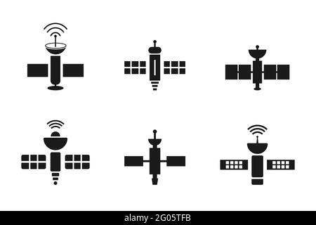 Satellitensymbol eingestellt. Sammlung verschiedener Satelliten. Globale Kommunikationsidee. Künstliches Objekt, das die Erde umkreist. GPS, Karte, Navigation. Vektor, flach Stock Vektor