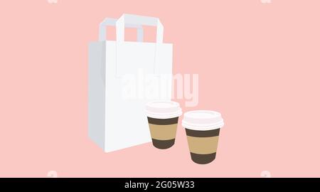 Vektor isolierte Illustration eines Kaffeesets zum Mitnehmen, mit zwei Tassen Kaffee und einer Papiertüte Stock Vektor
