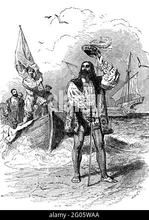 Eine gravierte Illustration Porträt von Christopher Columbus Landung in Amerika aus einem viktorianischen Buch datiert 1877, das nicht mehr urheberrechtlich geschützt ist Stockfoto