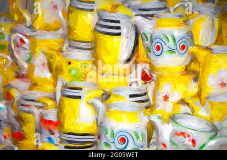 Farbtöne von Gelb im Geschirr Stockfoto