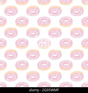 Donut-Nahtloses Muster. Ein Donut mit rosa Zuckerguss. Donut auf weißem Hintergrund. Gestaltung des Restaurantmenüs. Eine Bitmap-Abbildung eines Stock Vektor