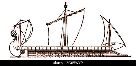 1914 Künstler-Eindruck einer Trireme, einem dreideckigen Kriegsschiff mit drei Rudern. Das antike Schiff war eine Art Galeere, die von alten mediterranen Seefahrern wie Phöniziern, Ägyptern, Griechen und Römern benutzt wurde. Sie wurden in der Regel aus Tanne, Kiefer oder Zeder (für die Haltbarkeit) gebaut, wobei die Bretter mit Stiel- und Tehnfugen, die mit Holznadeln befestigt waren, verbunden waren, die Rümpfe wurden manchmal mit Eiche verstärkt. Auch Auframmvorrichtungen aus Bronze konnten am Bogen befestigt werden. Stockfoto
