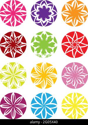 Set aus zwölf Blumenmustern in bunten Kreisen. Vektordarstellung auf weißem Hintergrund isoliert. Stock Vektor