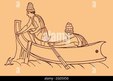 Eine Illustration aus dem Jahr 1914, die einer antiken griechischen Schnitzerei entnommen ist Ein altes griechisches Fischerboot und Fischer, die einen Stern benutzen Geformter Haken zum Fangen größerer Fische (Im Gegensatz zur normalen Netzfischerei) Stockfoto