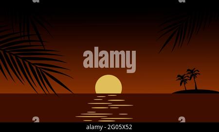 Rahmen mit Palmblättern. Silhouette von Palmenzweigen. Sonnenuntergang in den Tropen Stockfoto