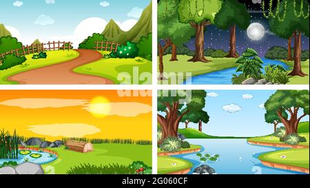 Vier verschiedene Szenen von Naturpark und Wald Illustration Stock Vektor