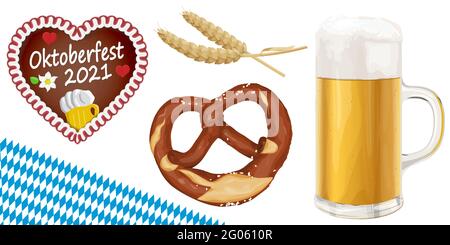 Sammlung von typischen illustrierten Oktoberfestobjekten, Bier, Brezel, Weizen und Lebkuchenherz für Biergartenzeit 2021 Stock Vektor