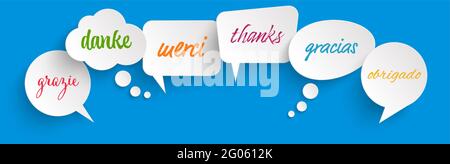 EPS 10 Vektordarstellung von farbigen Sprechblasen Reihe an Blauer Hintergrund mit Begrüßungstext „ Danke “ in verschiedenen Sprachen Stock Vektor